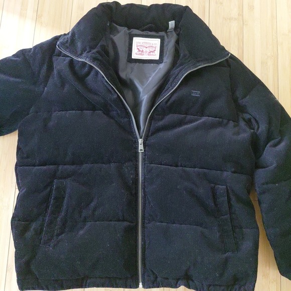 Levis Puffer Corduroy Jacket Vintage LARGE Black Cinch Waist Y2K Academia Preppy - Picture 2 of 12